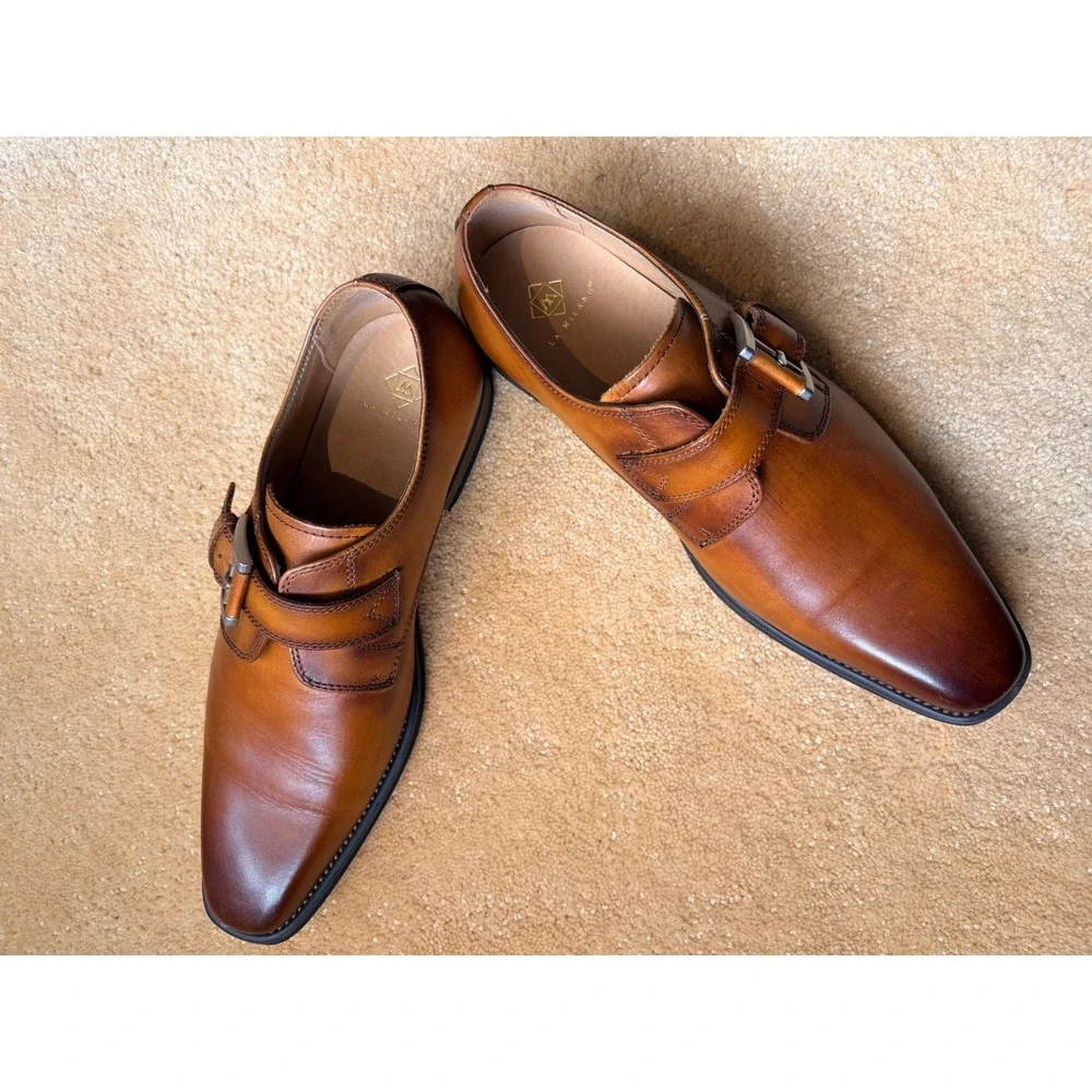 La Milano Mens Monk Strap‎ Dress Shoes Size 8 Cognac Leather Formal Wedding Lux